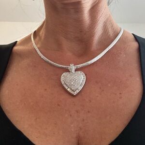 Silver Heart Pendant Necklace with Pavé Crystals - Women Jewelry